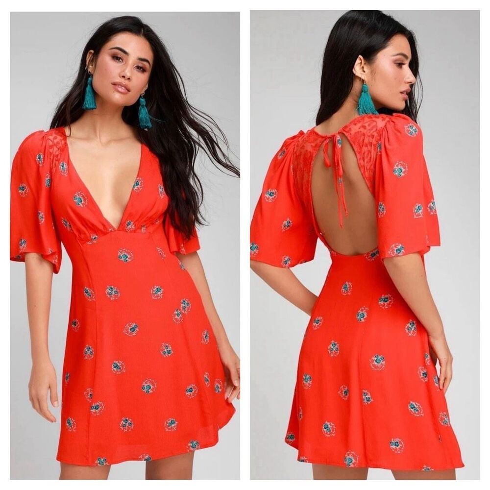 ๐บNEW Free People Mockingbird Coral Redโ Floral Print Backless Mini Dress Sz 6